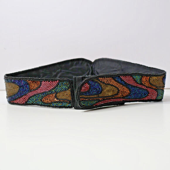 L Regal Beaded Cummerbund Belt M Womens Vtg 80s‎ Hook & Loop Rainbow Goth Fairy - Picture 2 of 7